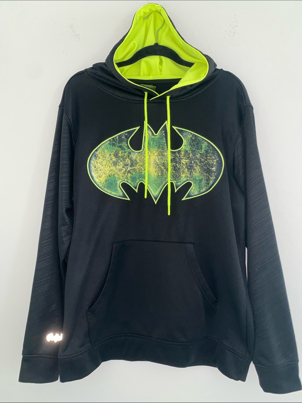 Batman Black w/Neon Yellow/Green Long Sleeve Hoodie with Drawstring-Large